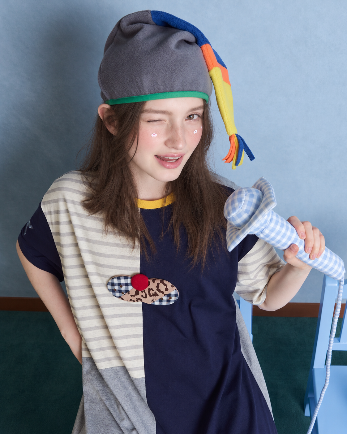 Colorblock Cat-Applique Onesie – Navy, gray and cream upper front view showing striped panels and cat applique - Roomden