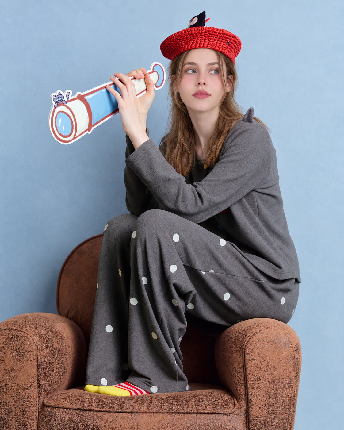 Cat-Ear Polka Dot Pajama Set – charcoal gray side-seated view - Roomden