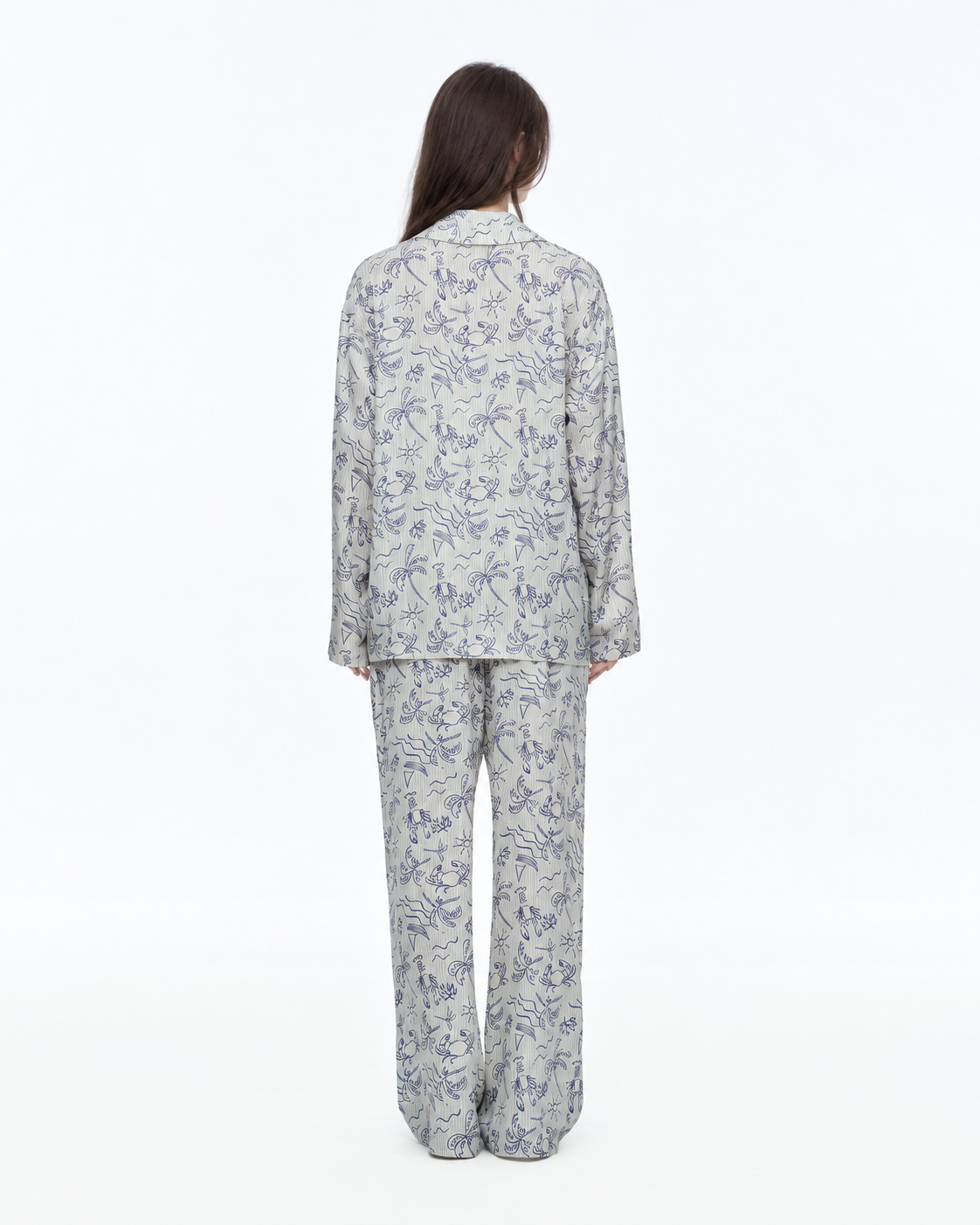 Inkshore coastal-print viscose long pajama set in Palm Line, back view - Roomden