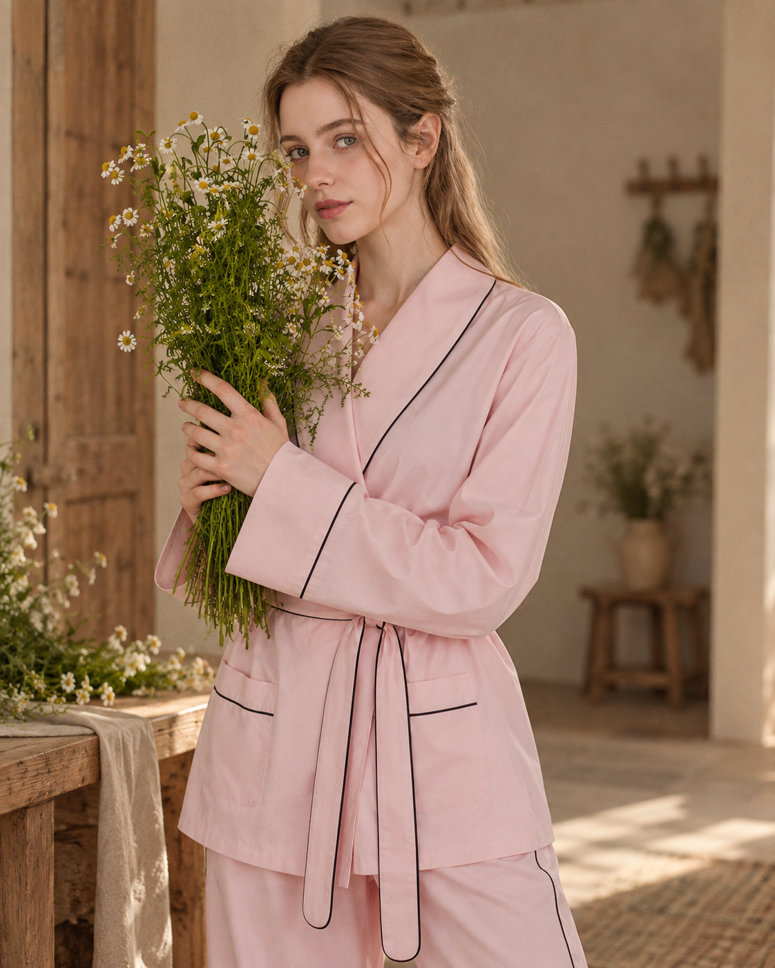 Linehaven wrap pajama set – Sakura Pink, holding flowers in a close view - Roomden