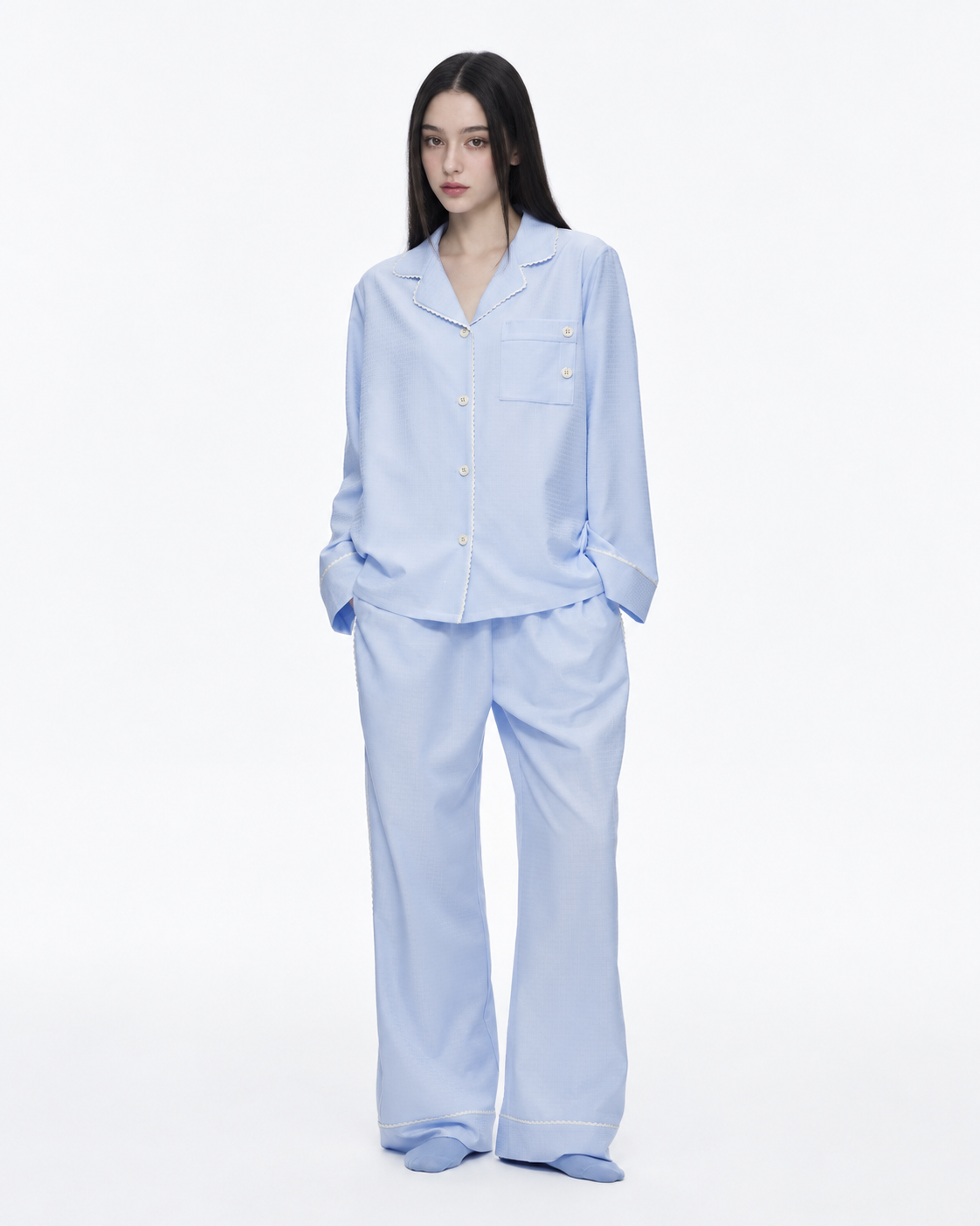 Picot-Trim Textured Long-Sleeve Pajama Set – blue on-model view - Roomden