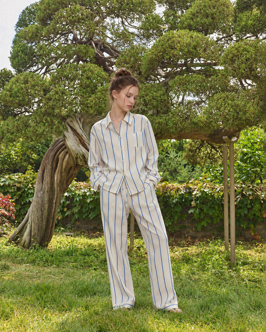 Slateway striped long pajama set in blue & white, additional lifestyle view - Roomden