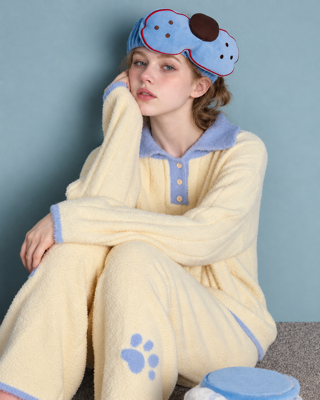 Plush Paw Print Pajama Set – cream yellow and blue close view of blue collar and paw print - Roomden