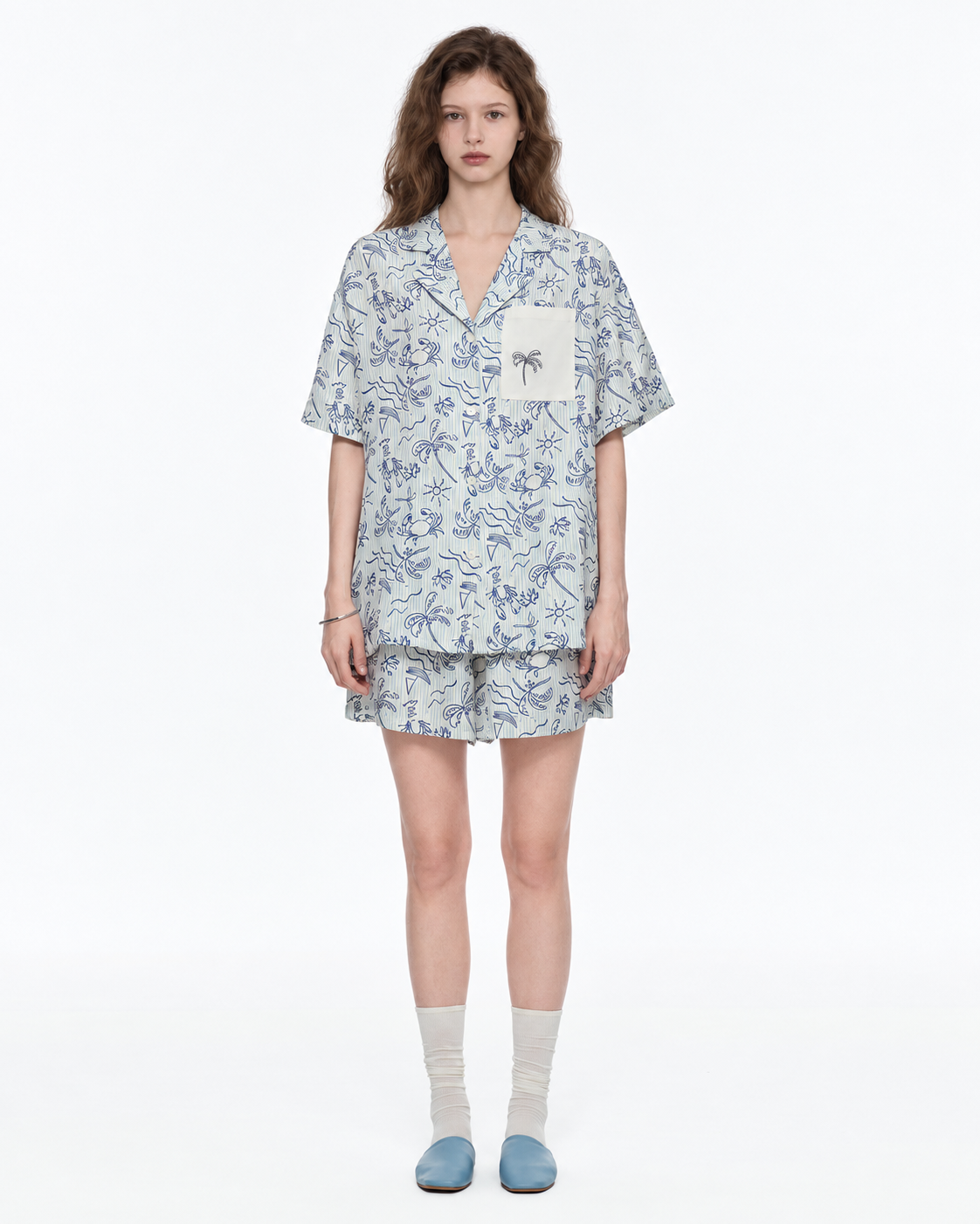 Inkshore coastal-print viscose pajama shorts set in Azure Isle, front view - Roomden