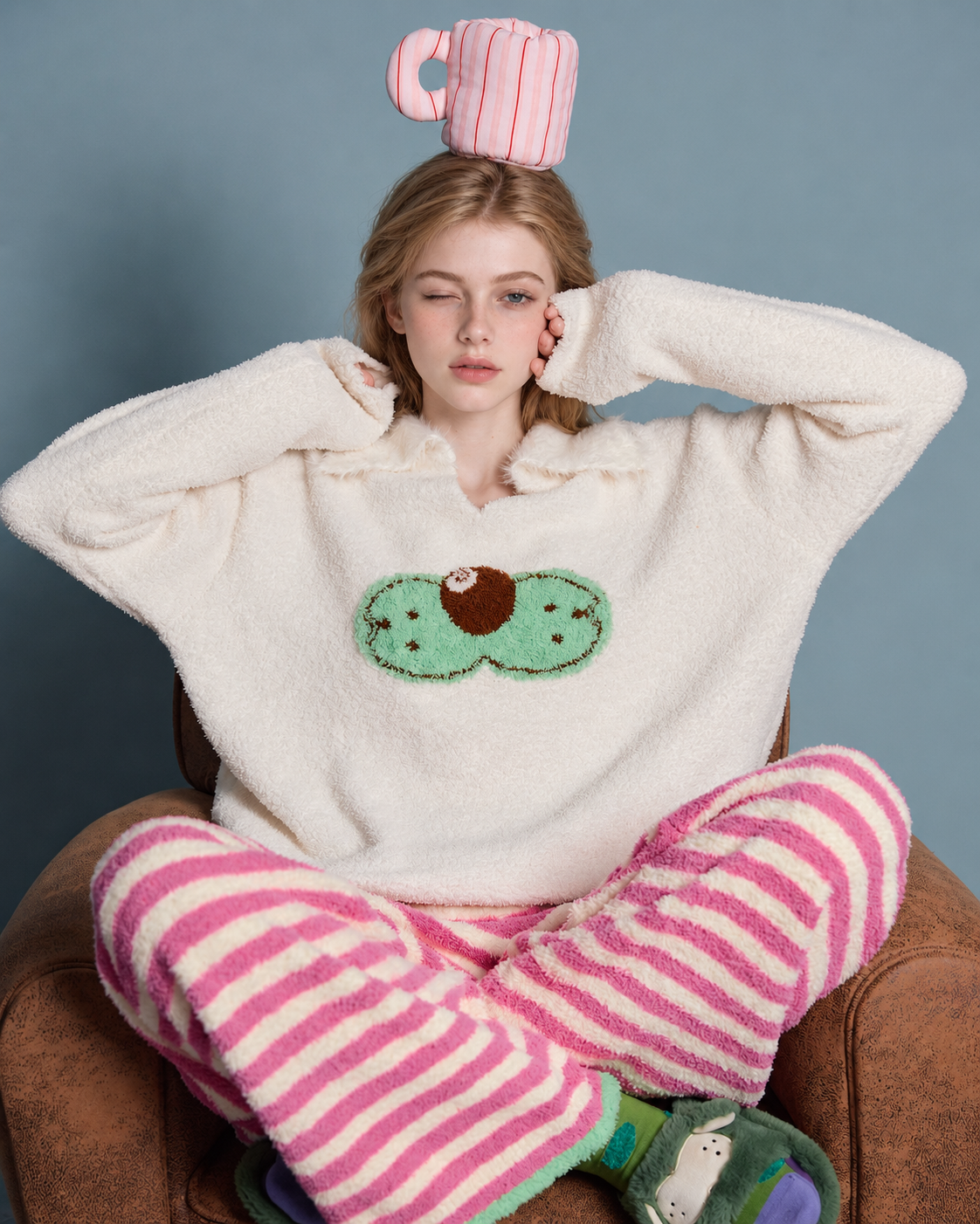 Cat Motif and Stripe Fleece Pajama Set - Raised sleeve seated view - Roomden