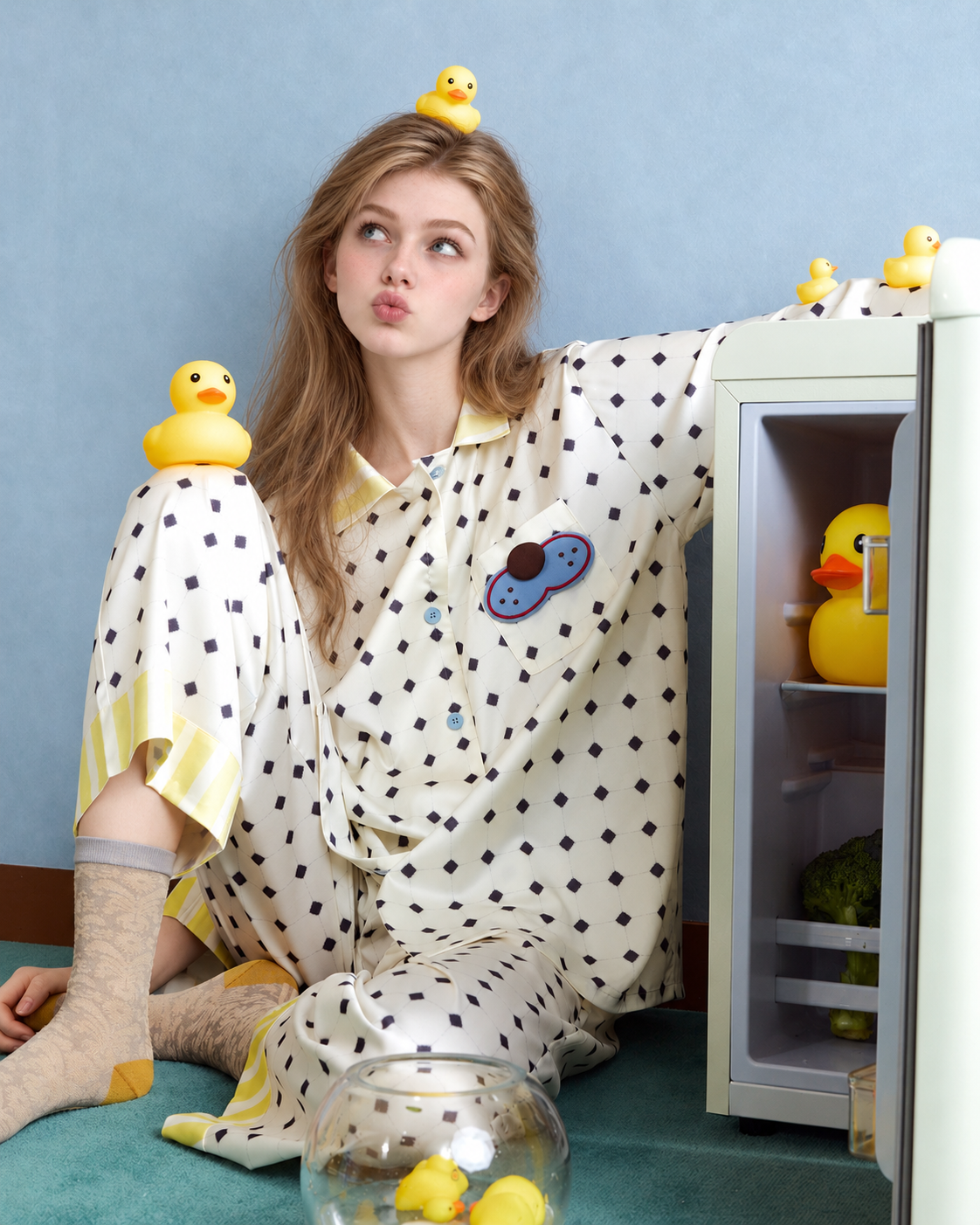 Lemonpause blue cat long-sleeve pajama set – seated beside a refrigerator with yellow duck props - Roomden