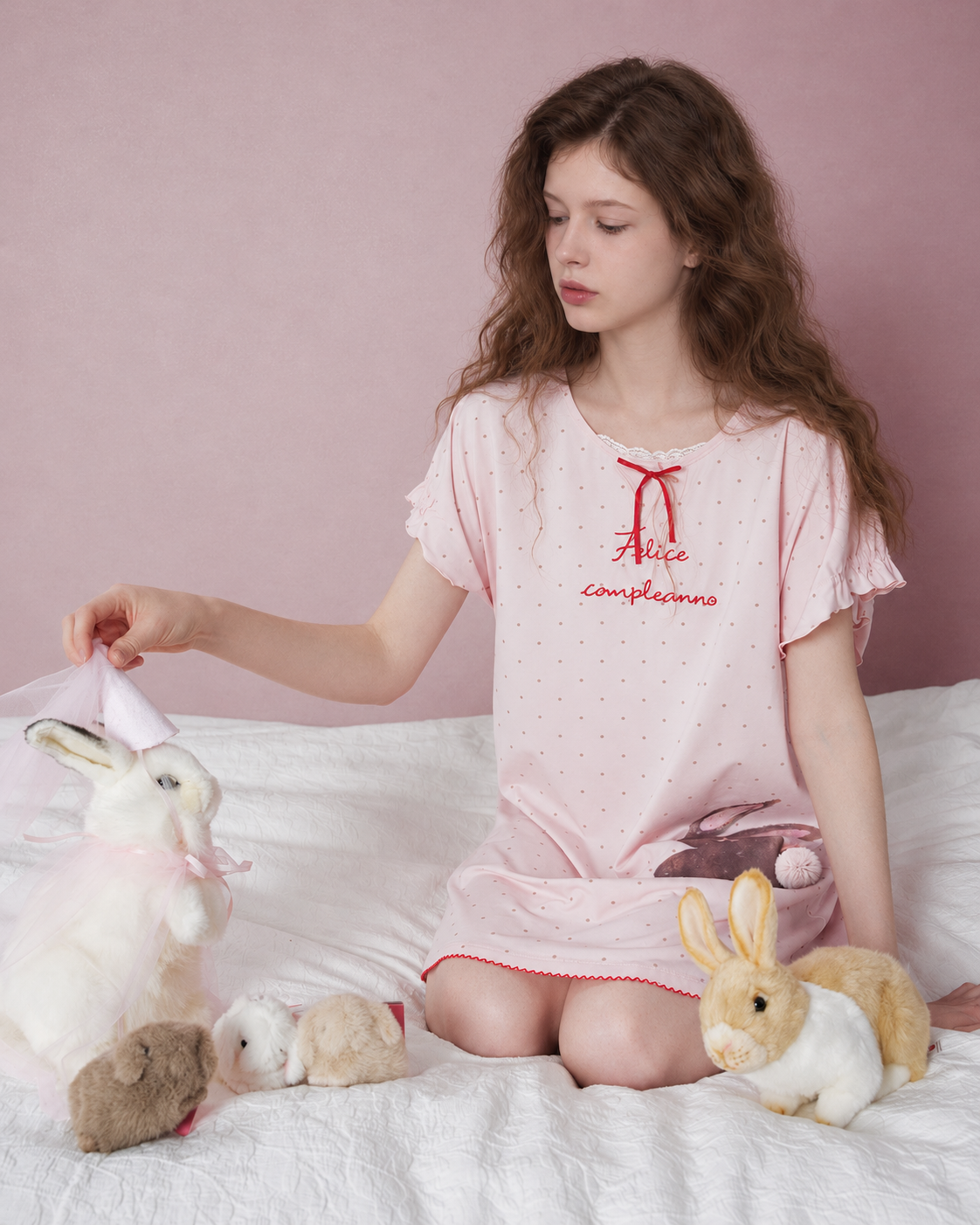 Bunny Print Cotton Blend Nightgown – blush pink kneeling on a bed - Roomden