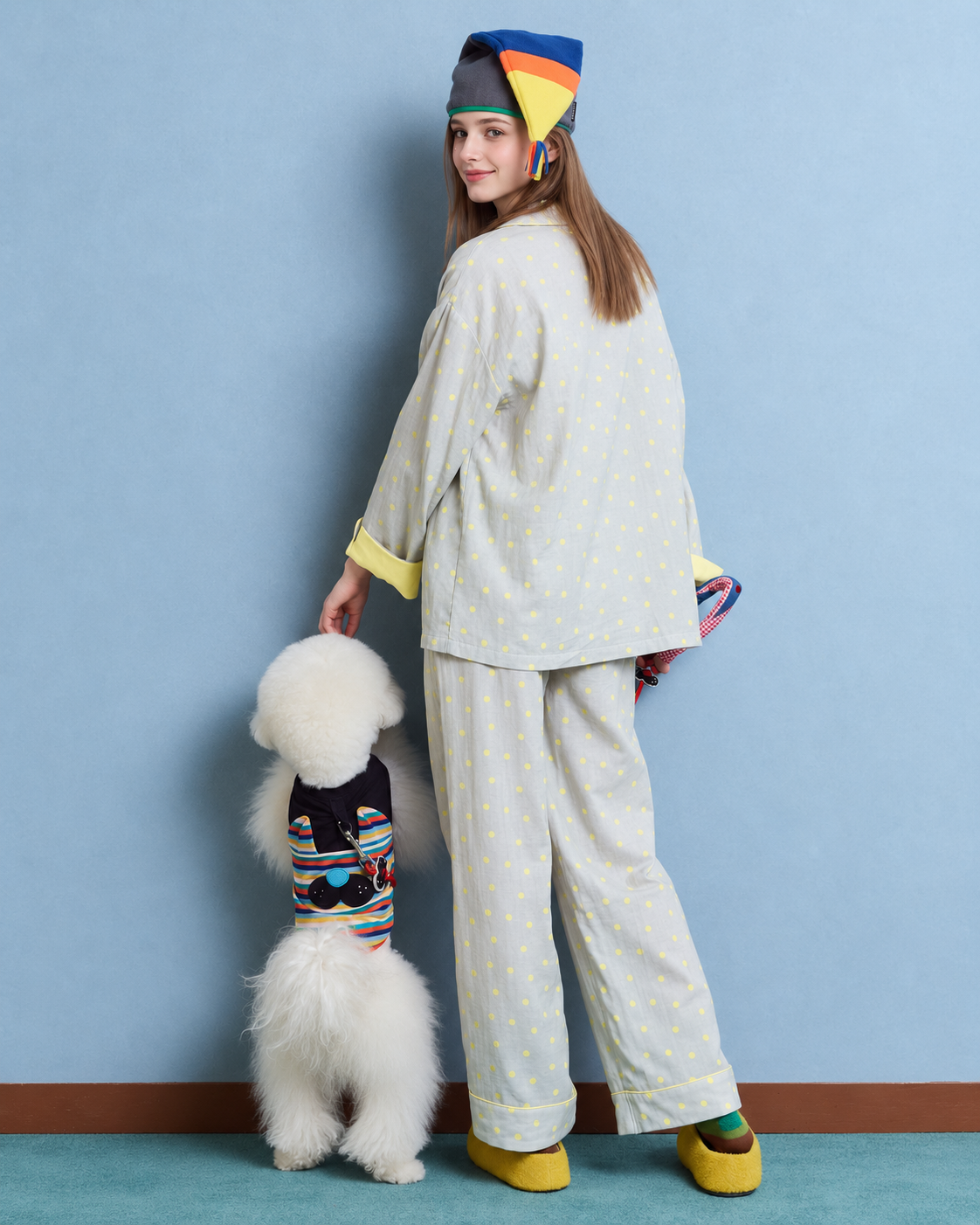 Women's gray and yellow dot cotton gauze pajama set – rear full-length view - Roomden
