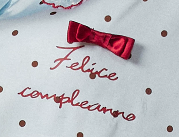 Polka Dot Bow-Detail Polyester Pajama Set – red bow and embroidered lettering close-up - Roomden