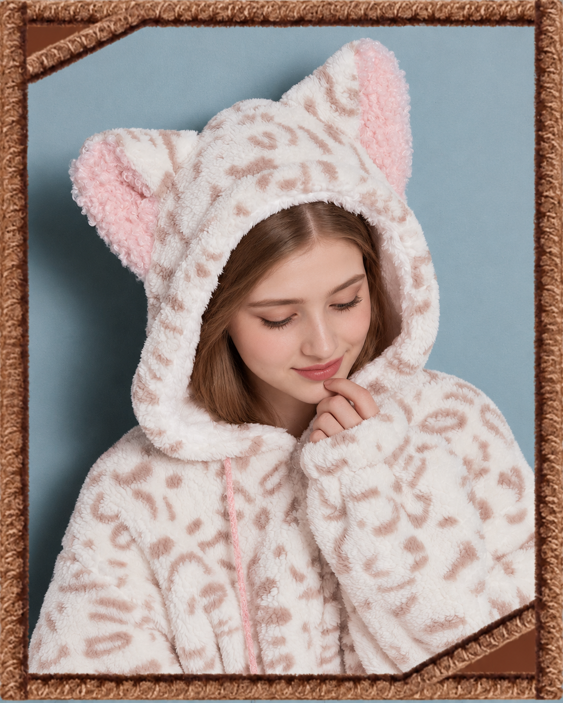 Cat-Ear Leopard Fleece One-Piece Pajamas – cream and pink hood and fleece detail in a plush frame - Roomden