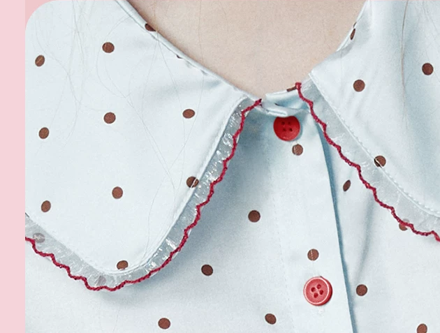 Polka Dot Bow-Detail Polyester Pajama Set – red-trimmed collar close-up - Roomden