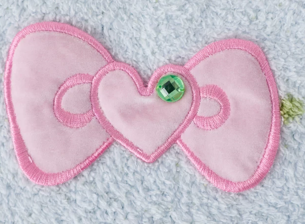 Bow Detail Plush Pajama Set – ice-blue pink embroidered bow with green ornament - Roomden