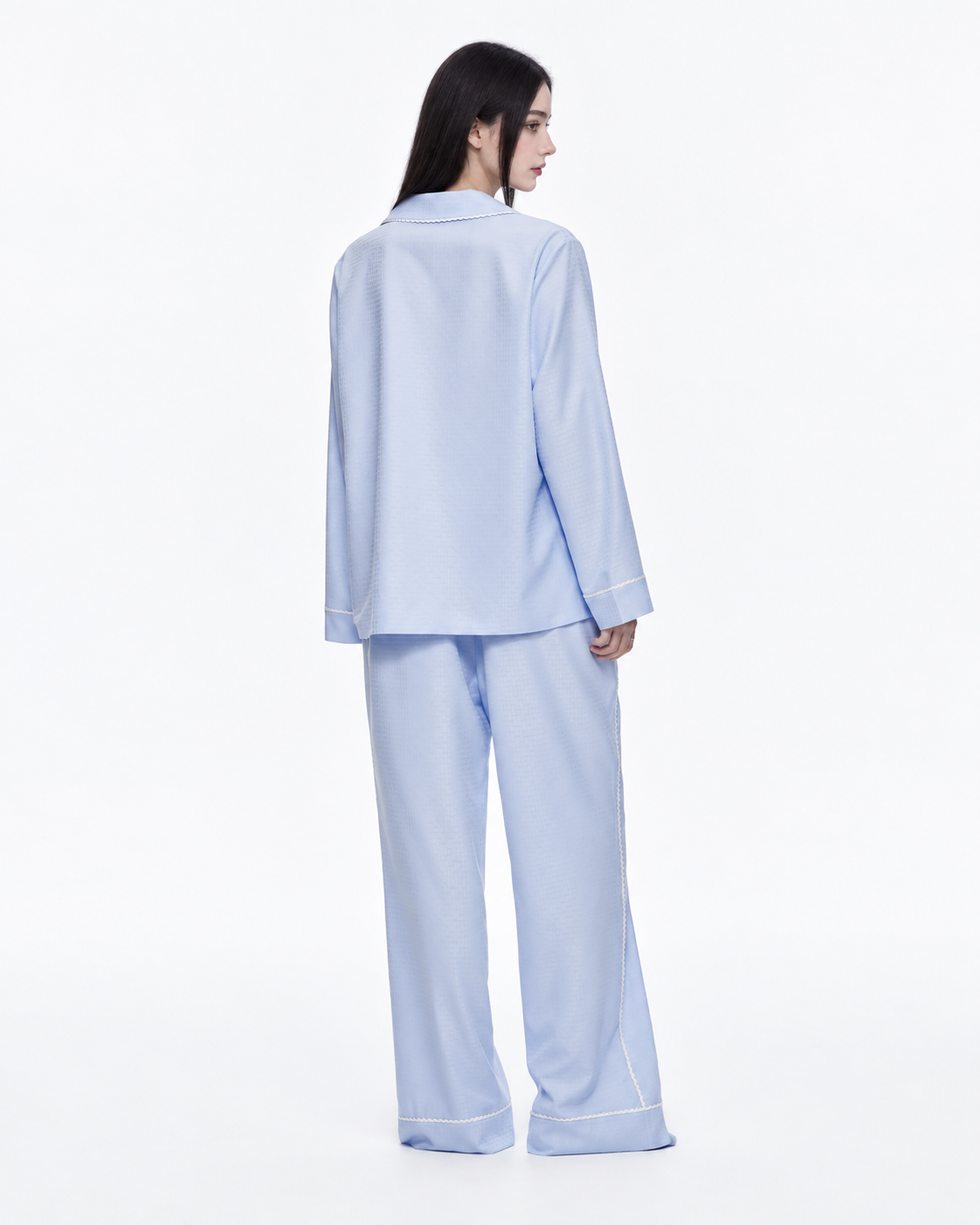 Picot-Trim Textured Long-Sleeve Pajama Set – blue on-model view - Roomden
