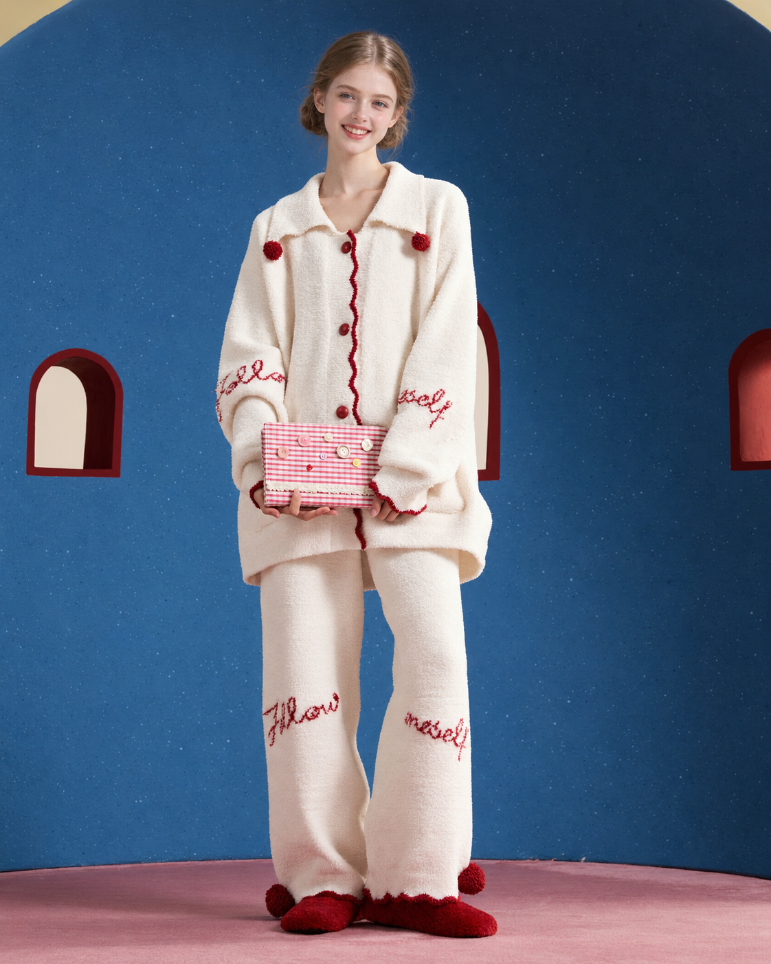 Pom-Pom Fleece Pajama Set – ivory front full-length standing view showing matching shirt and trousers - Roomden