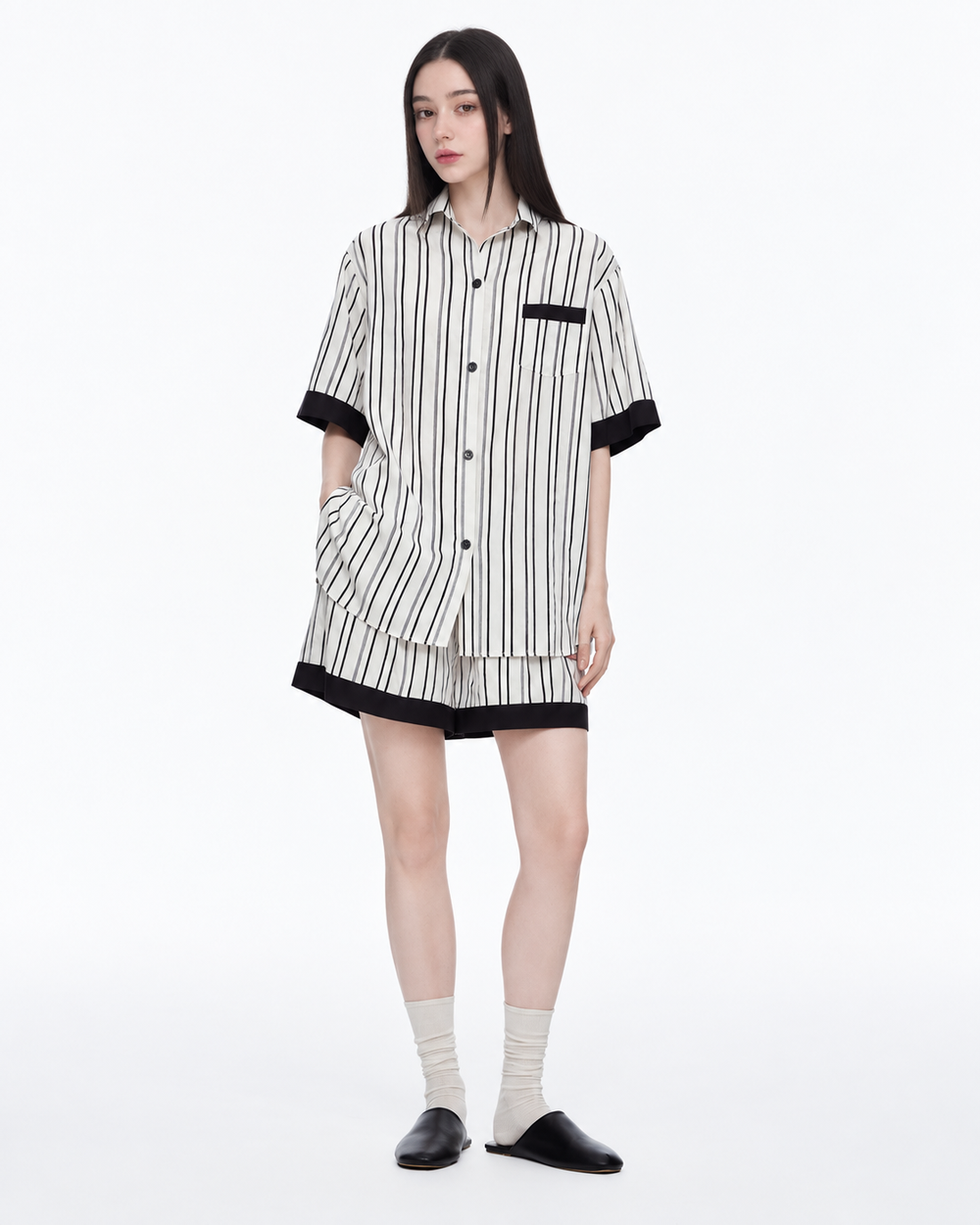 Contrast-Band Striped Viscose-Blend Pajama Shorts Set – black front view - Roomden