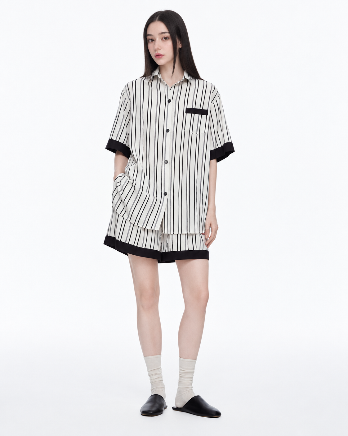 Contrast-Band Striped Viscose-Blend Pajama Shorts Set – black front view - Roomden