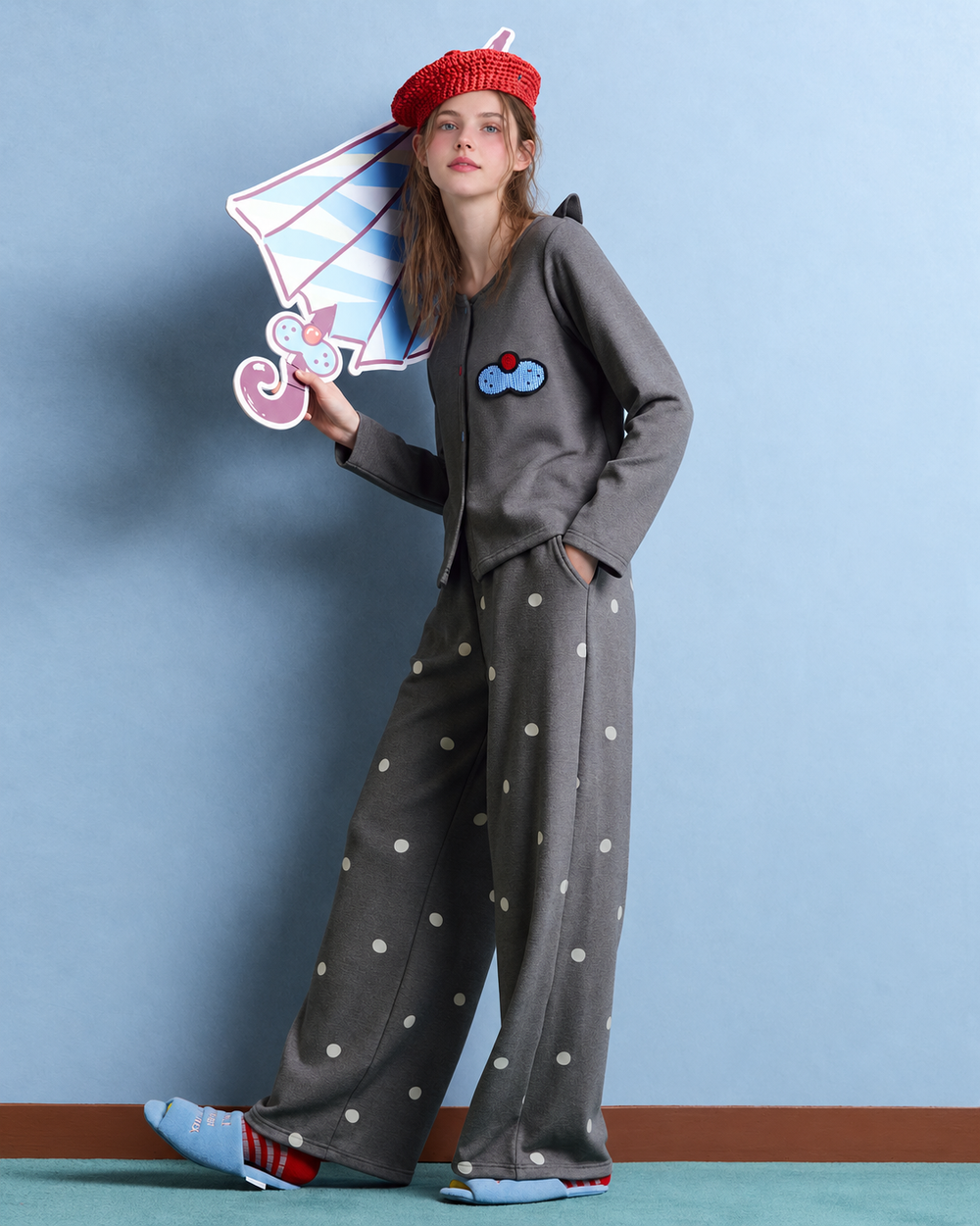 Cat-Ear Polka Dot Pajama Set – charcoal gray three-quarter standing view - Roomden