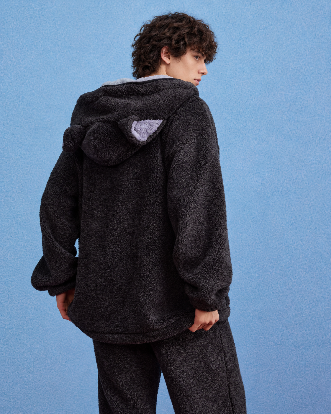 Men's Cat-Ear Hooded Fleece Pajama Set – dark gray back view of the cat-ear hood - Roomden