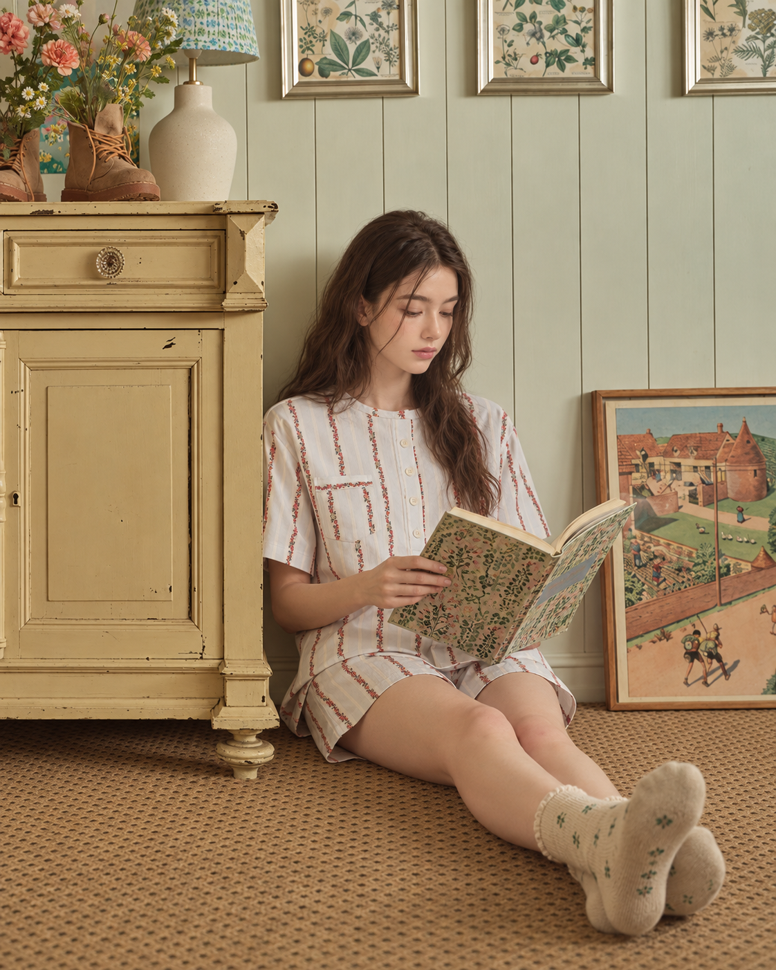 Roseledger cream cotton pajama shorts set with red floral stripes, seated reading in a vintage room - Roomden