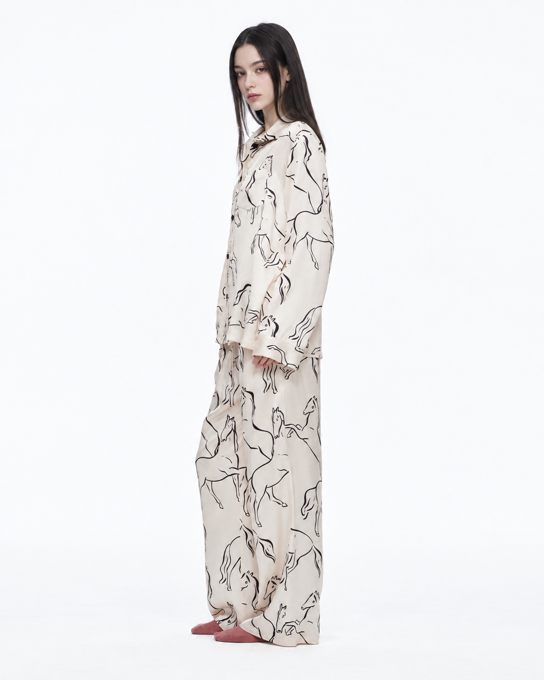 Horse Sketch Viscose-Rayon Pajama Set – Cream horse print, side studio view - Roomden