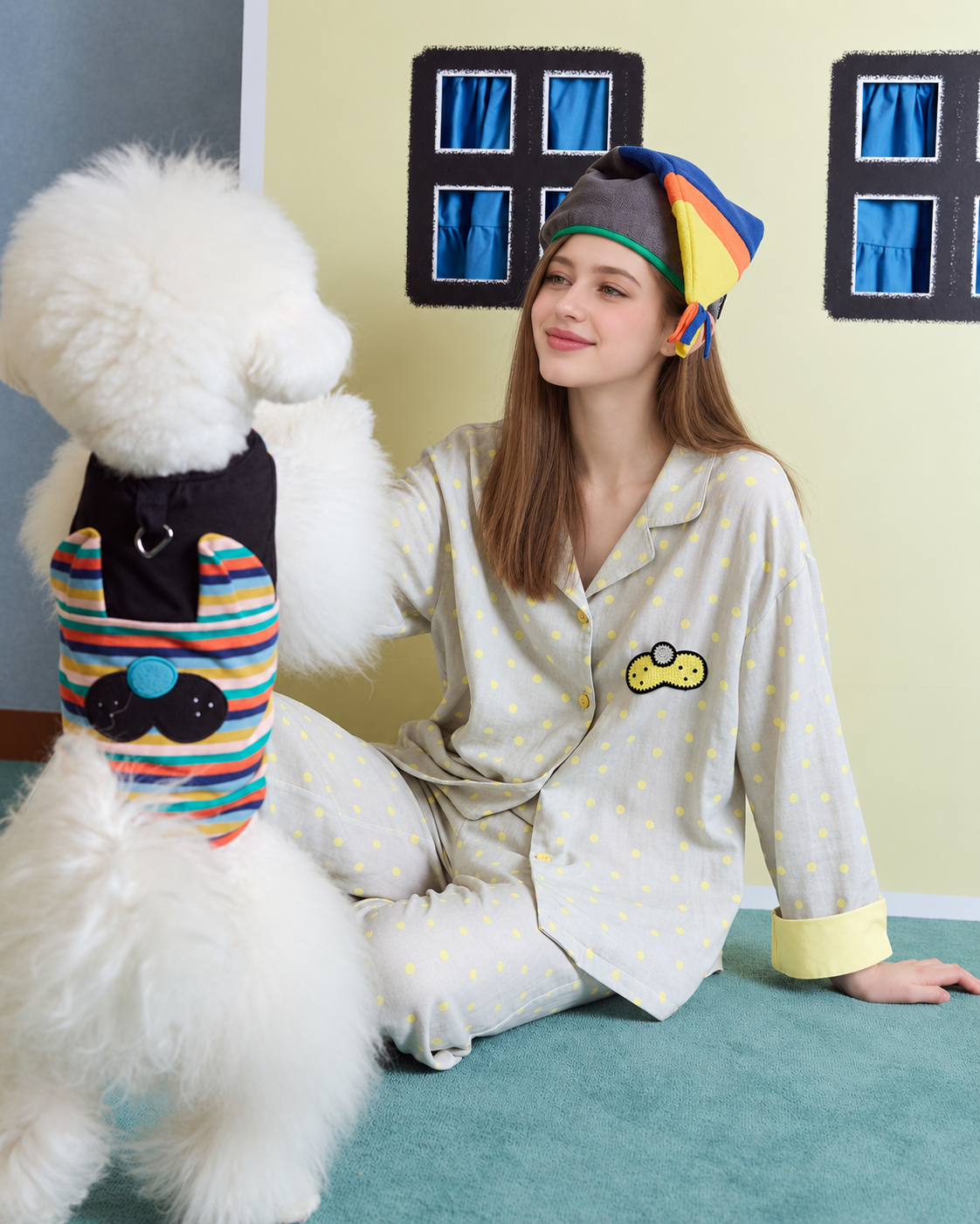 Women's gray and yellow dot cotton gauze pajama set – seated view with a standing dog - Roomden