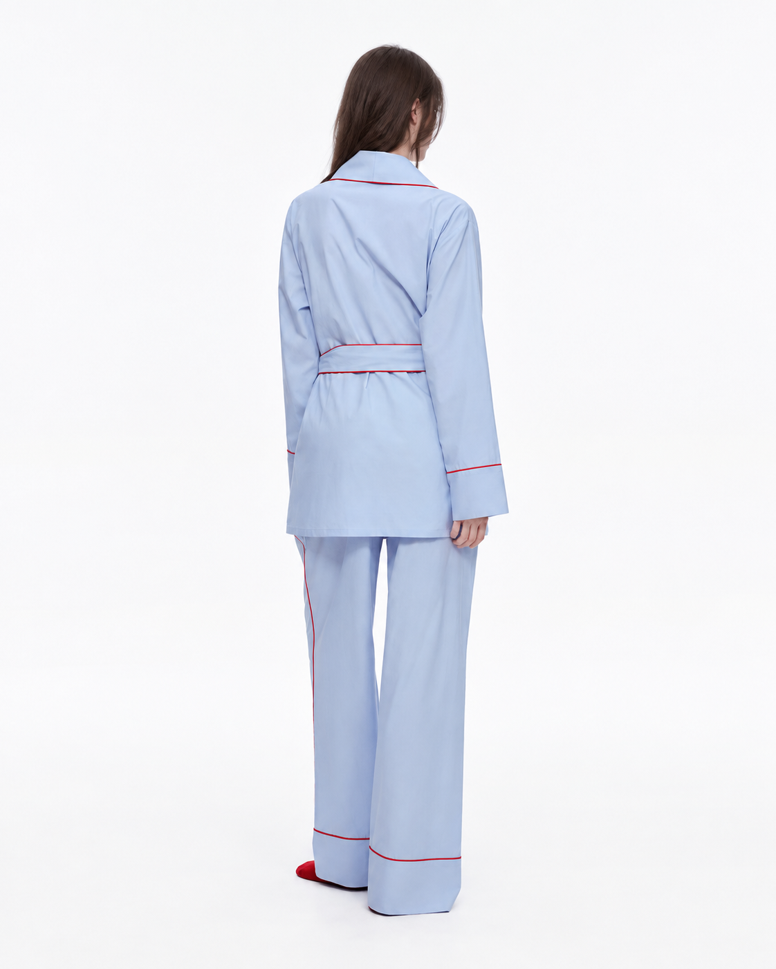 Linehaven wrap pajama set – Baby Blue, three-quarter back view in the studio - Roomden