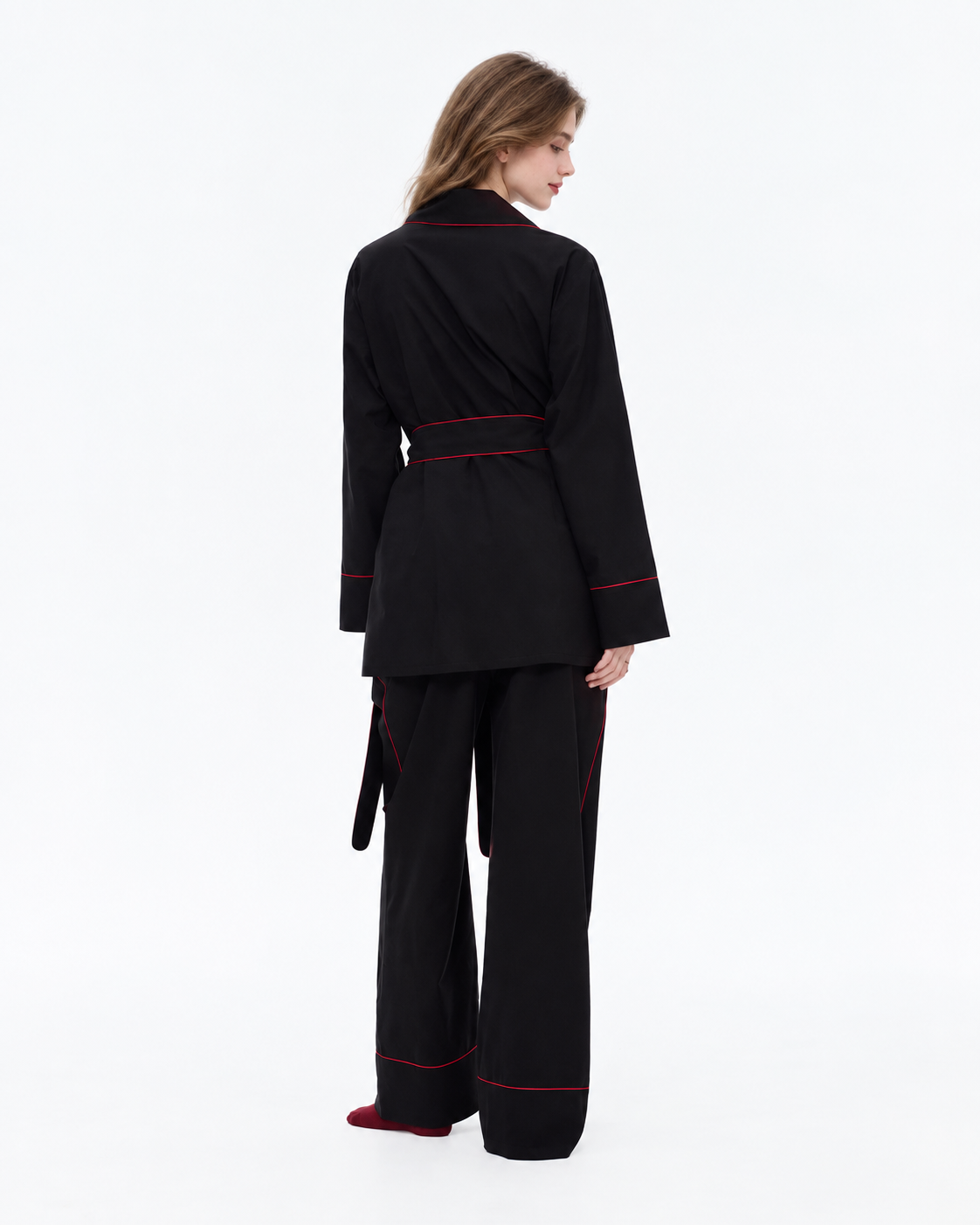 Linehaven wrap pajama set – Classic Black, three-quarter back view in the studio - Roomden