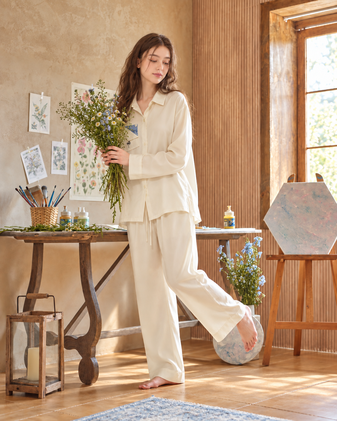 Inkshore botanical-pocket viscose pajama set in Milky White, standing with flowers beside an artist worktable - Roomden