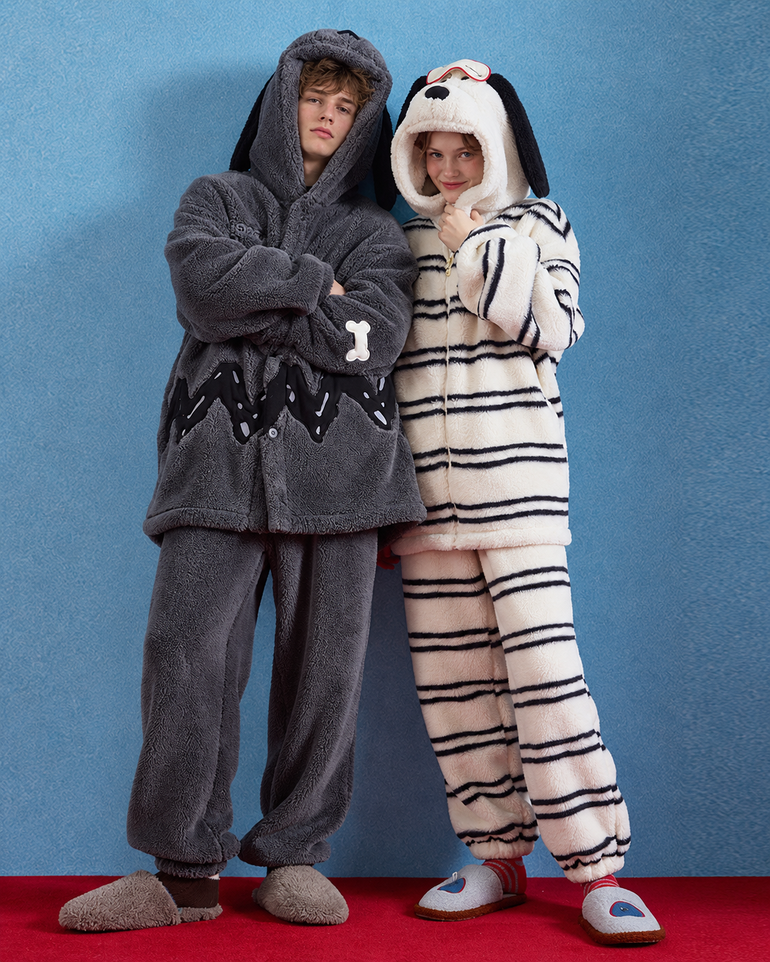 Striped Dog Hood Fleece Pajama Set – ivory and black striped front view with a companion model - Roomden