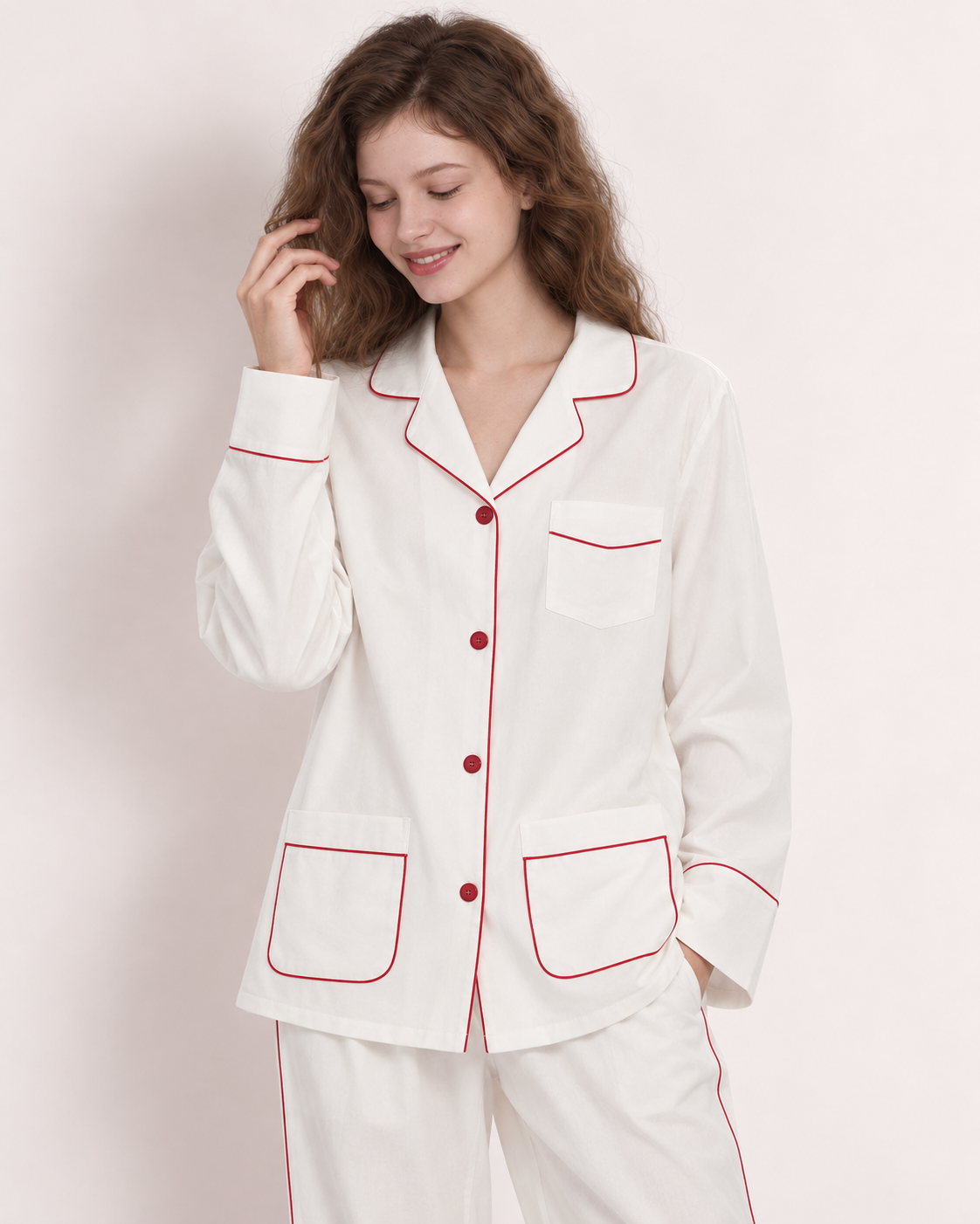 Linehaven contrast-piped long pajama set in white, additional studio portrait - Roomden