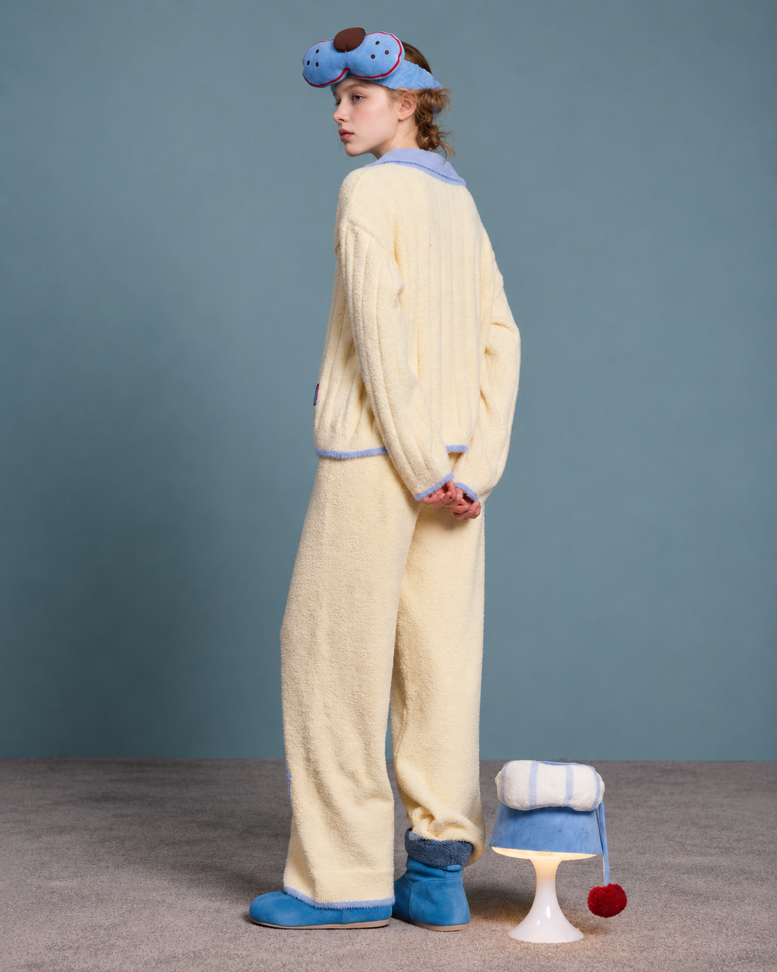 Plush Paw Print Pajama Set – cream yellow and blue rear three-quarter view - Roomden