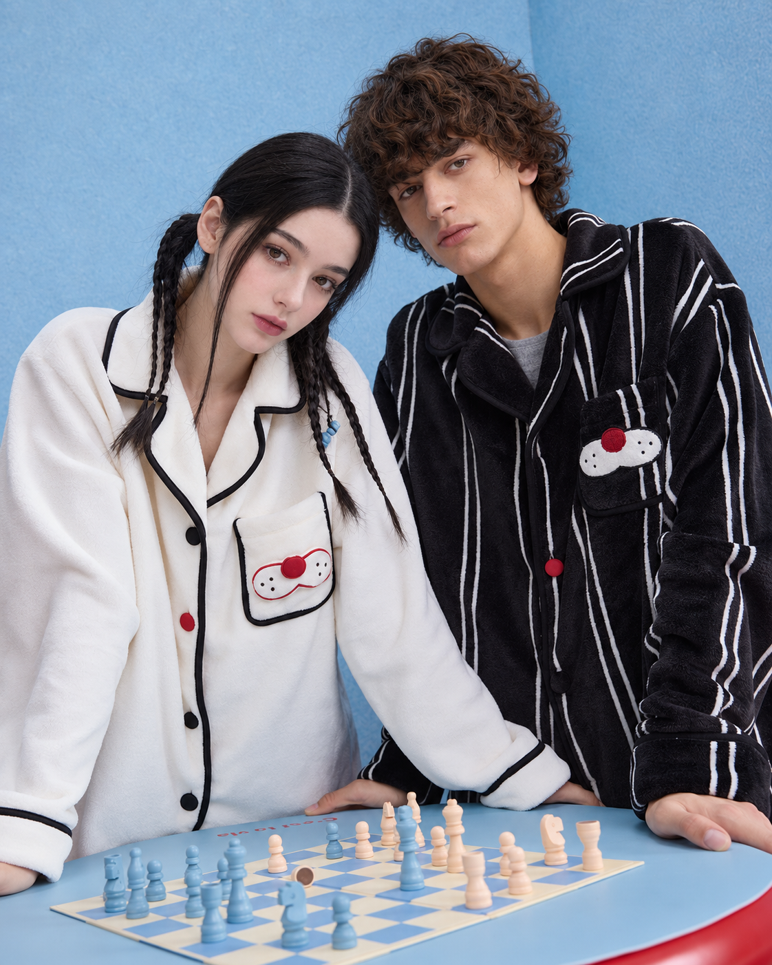 Cat Pocket Fleece Pajama Set – white set beside a chess table - Roomden