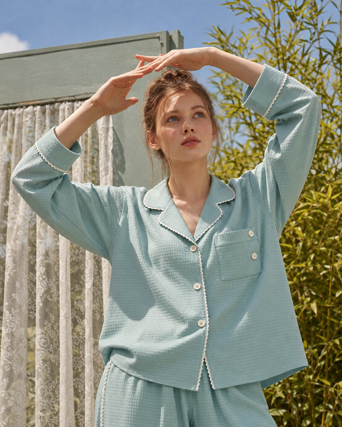 Picot-Trim Textured Long-Sleeve Pajama Set – green lifestyle view - Roomden