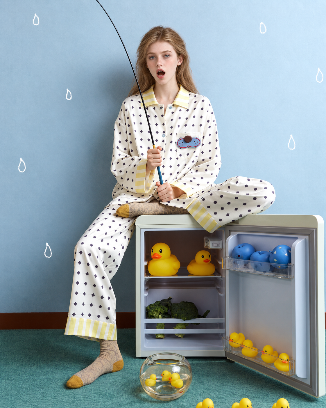 Lemonpause blue cat long-sleeve pajama set – seated fishing scene with a small refrigerator - Roomden
