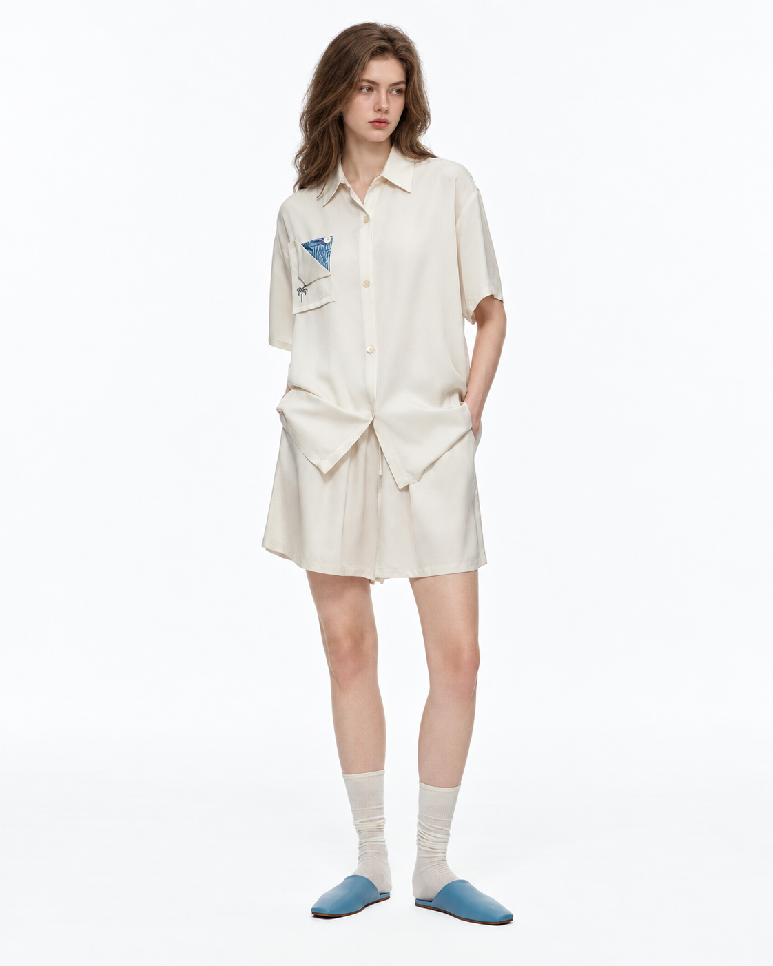Inkshore Folded-Pocket Viscose Pajama Shorts Set – Cream front studio view - Roomden