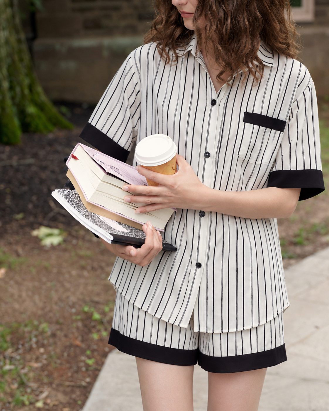 Contrast-Band Striped Viscose-Blend Pajama Shorts Set – black holding books and coffee - Roomden