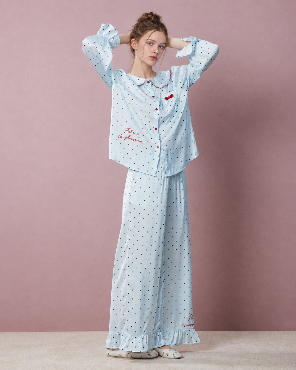 Polka Dot Ruffle-Trim Pajama Set – water-blue standing front view - Roomden