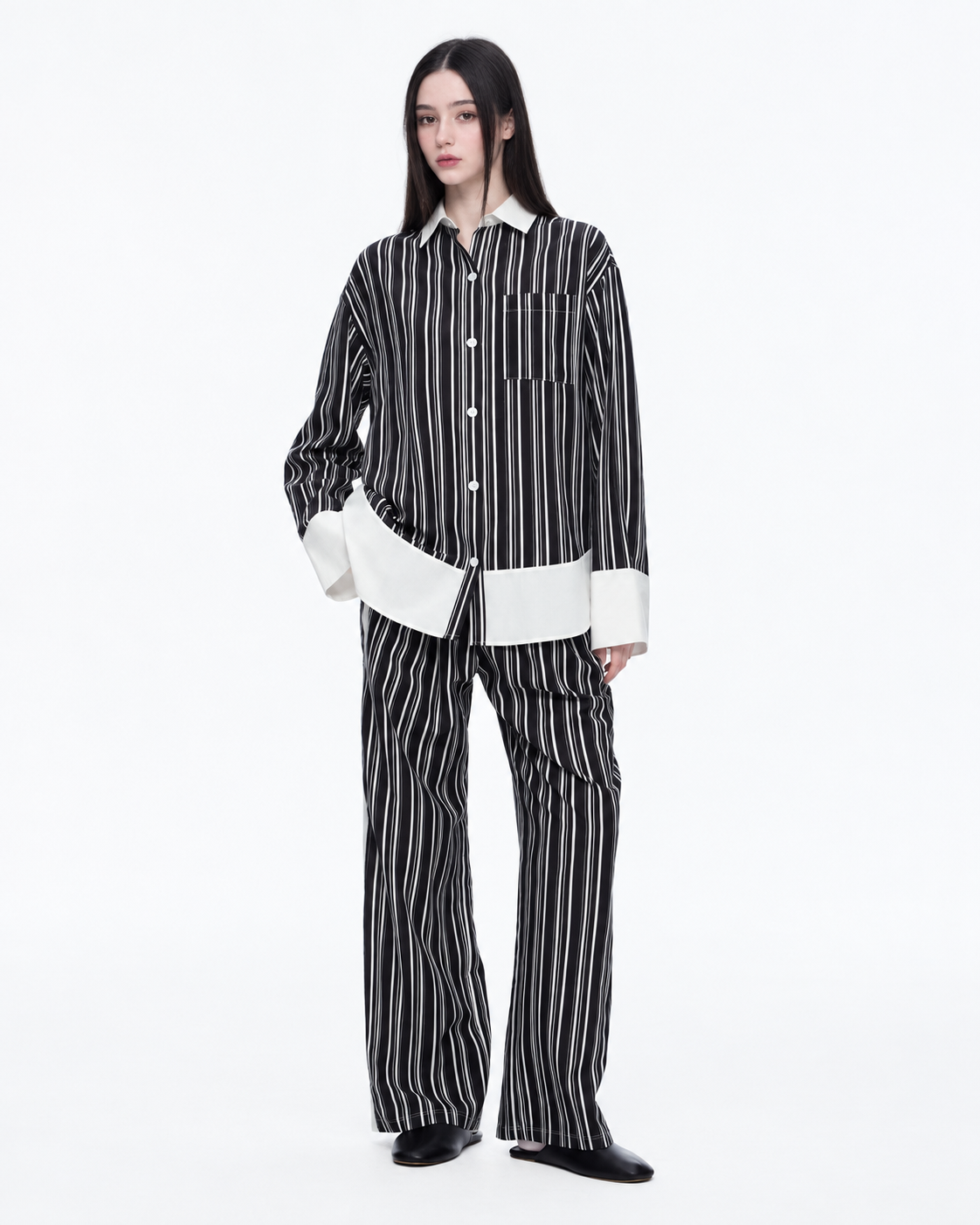 Ribbonhour Contrast-Trim Striped Viscose-Blend Pajama Set – black outfit view - Roomden