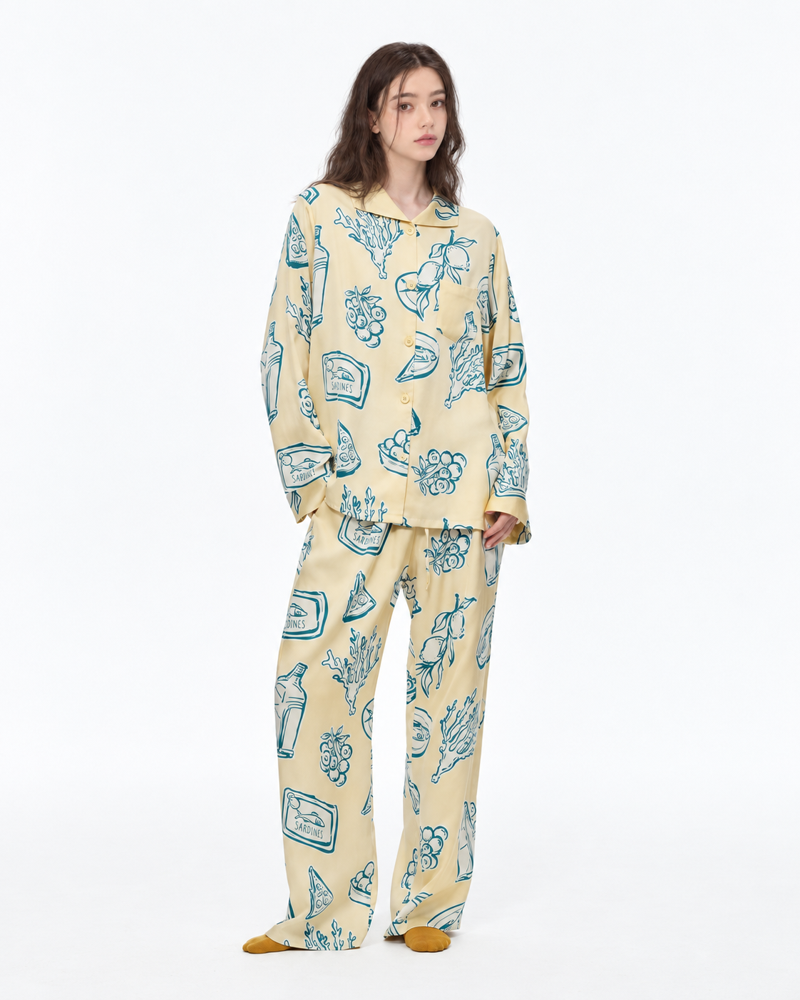 Food Sketch Viscose-Rayon Pajama Set – front full-length studio view - Roomden
