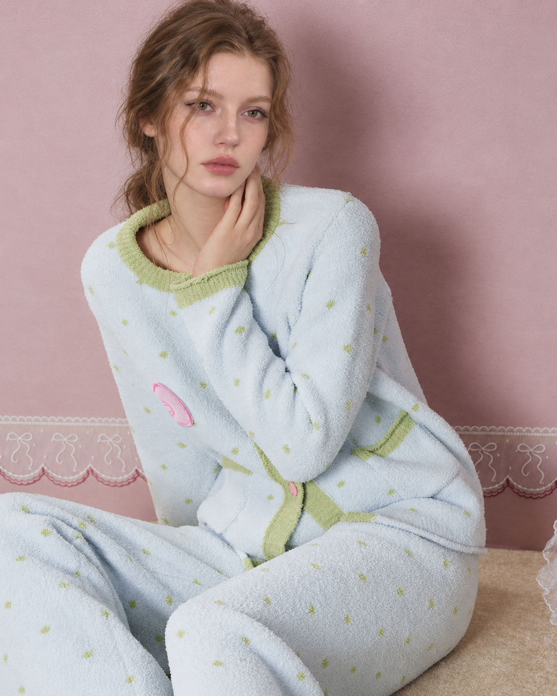 Fleece Three-Piece Pajama Set – Ice blue chin-rest seated view showing the cardigan and trousers - Roomden