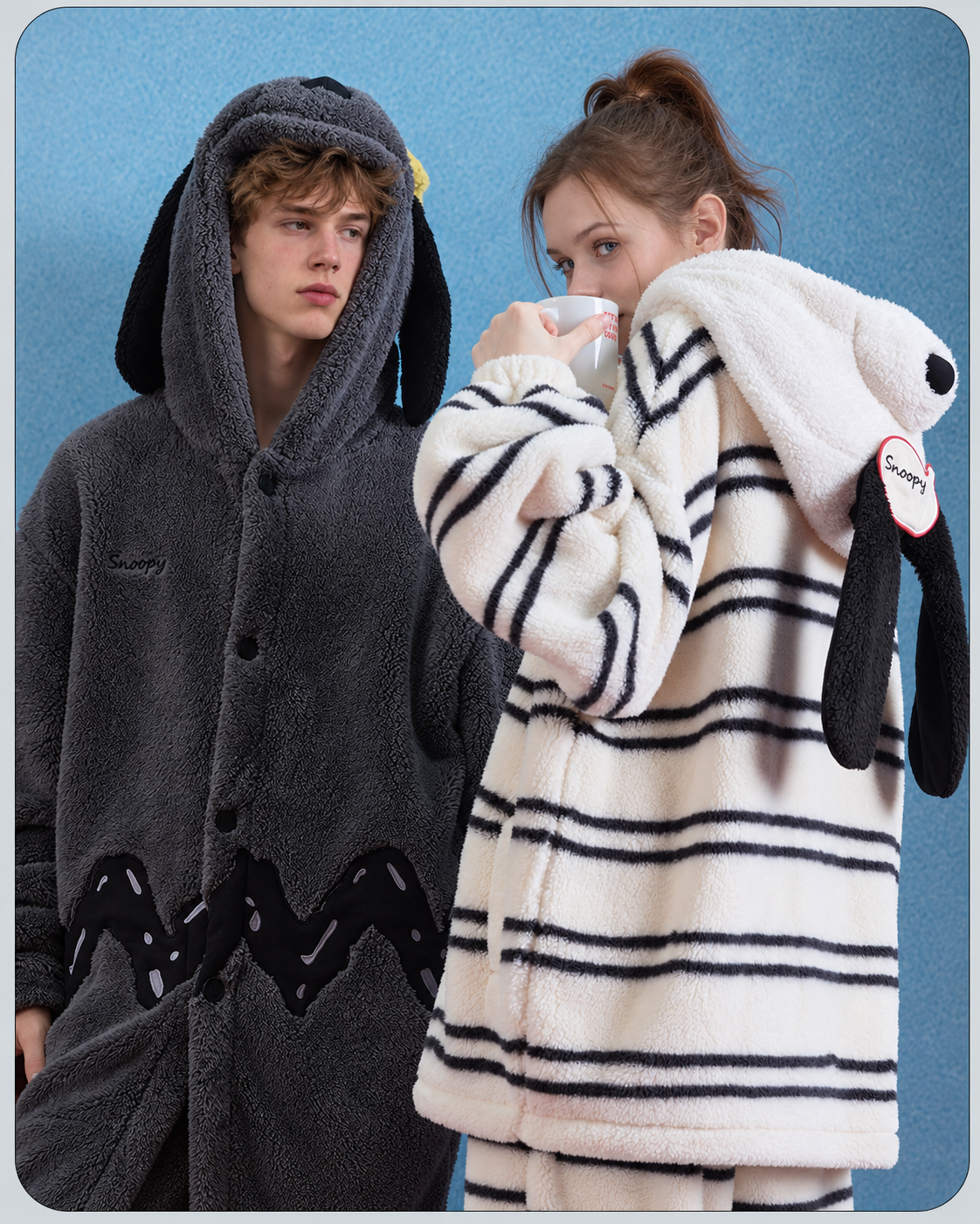Striped Dog Hood Fleece Pajama Set – ivory striped back and hood detail with a mug - Roomden