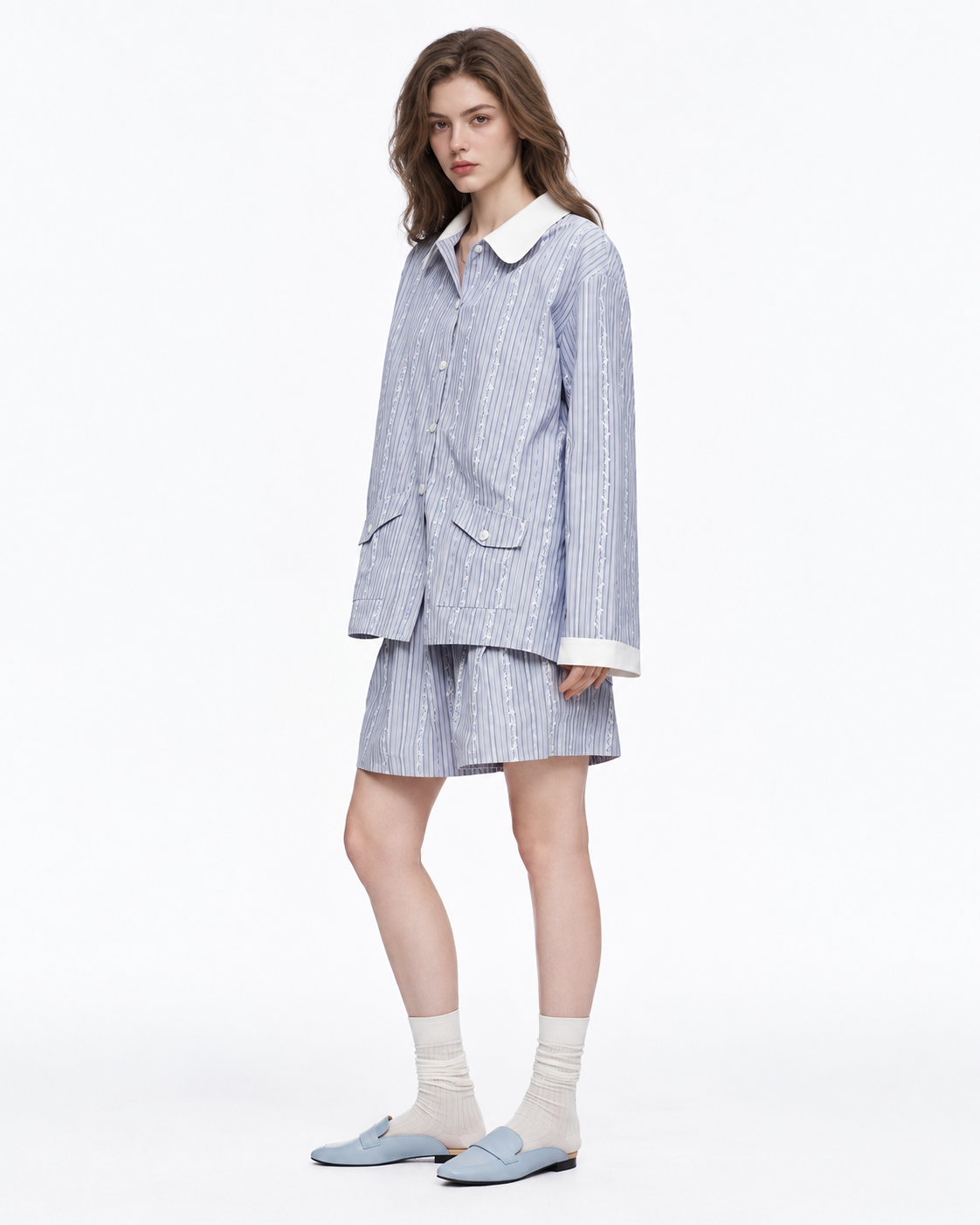 Ribbonhour White-Collar Striped Cotton-Blend Pajama Shorts Set – blue on-model view - Roomden