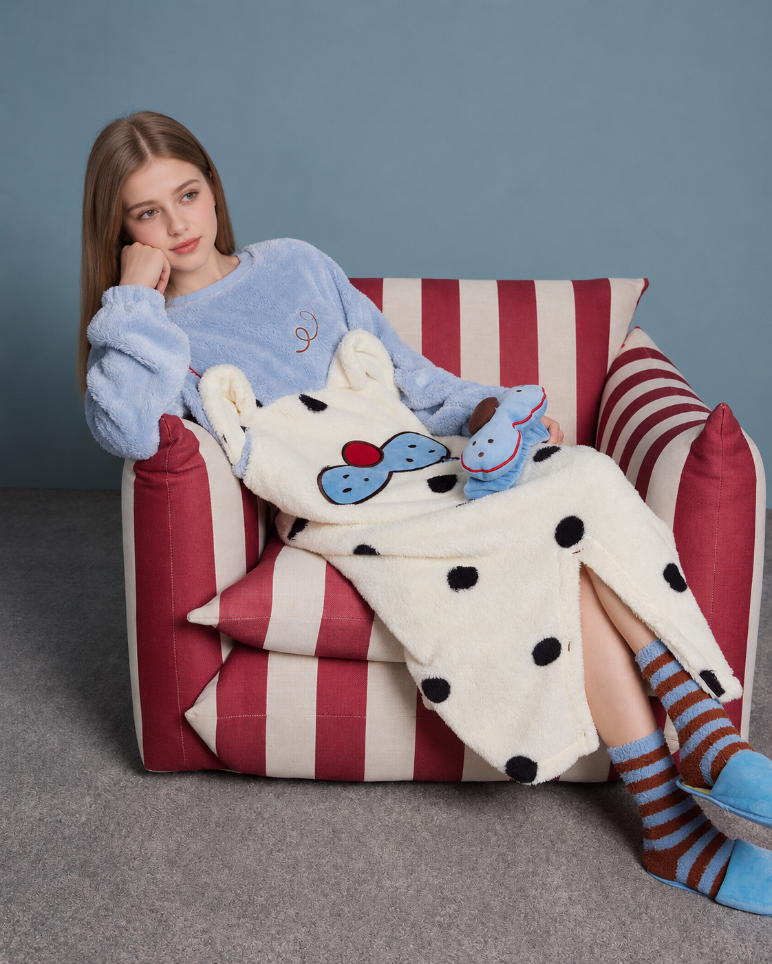 Cat Face Polka Dot Plush Onesie – blue and cream, armchair seated view - Roomden