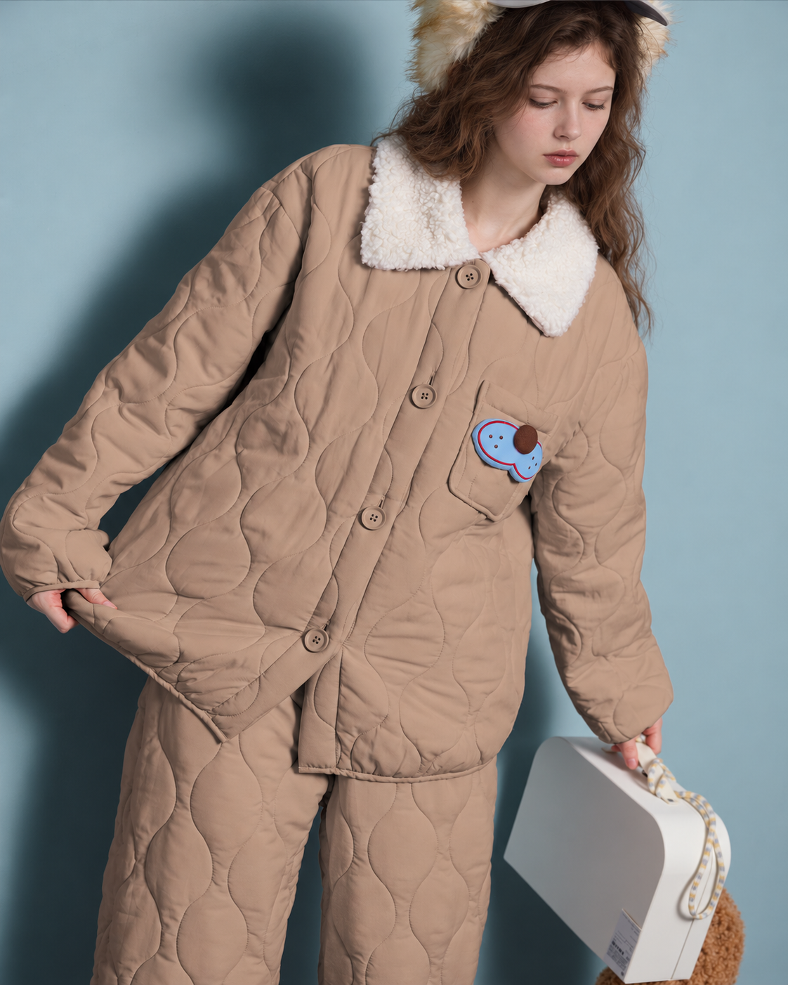 Cat Embroidery Quilted Pajama Set – khaki quilted shirt and pants with a handbag - Roomden