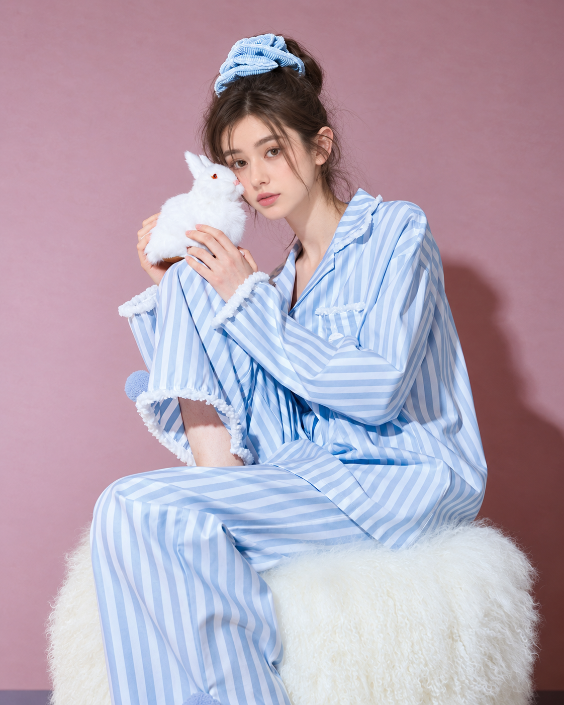 Blue Stripe Bunny Pocket Cotton Pajama Set – seated side view holding a rabbit - Roomden