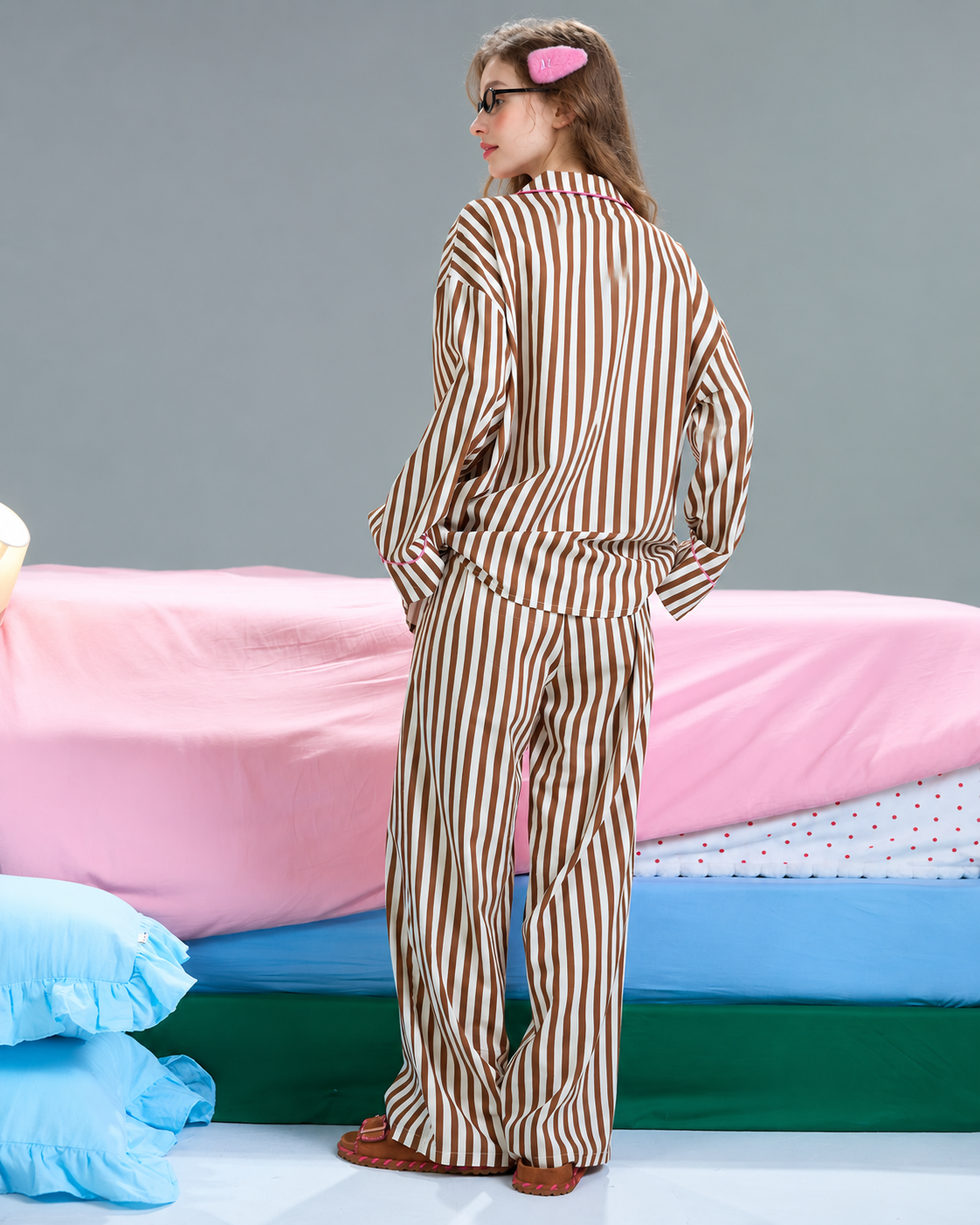 Striped Cat-Patch Pajama Set – Mocha Brown full back view - Roomden