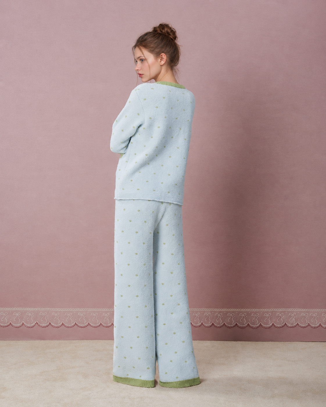Bow Detail Plush Pajama Set – ice-blue back full-length view of dotted top and pants - Roomden