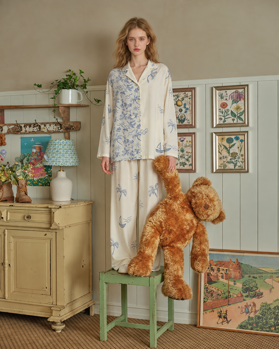 Inkshore coastal-print long pajama set in apricot cream, additional lifestyle view - Roomden