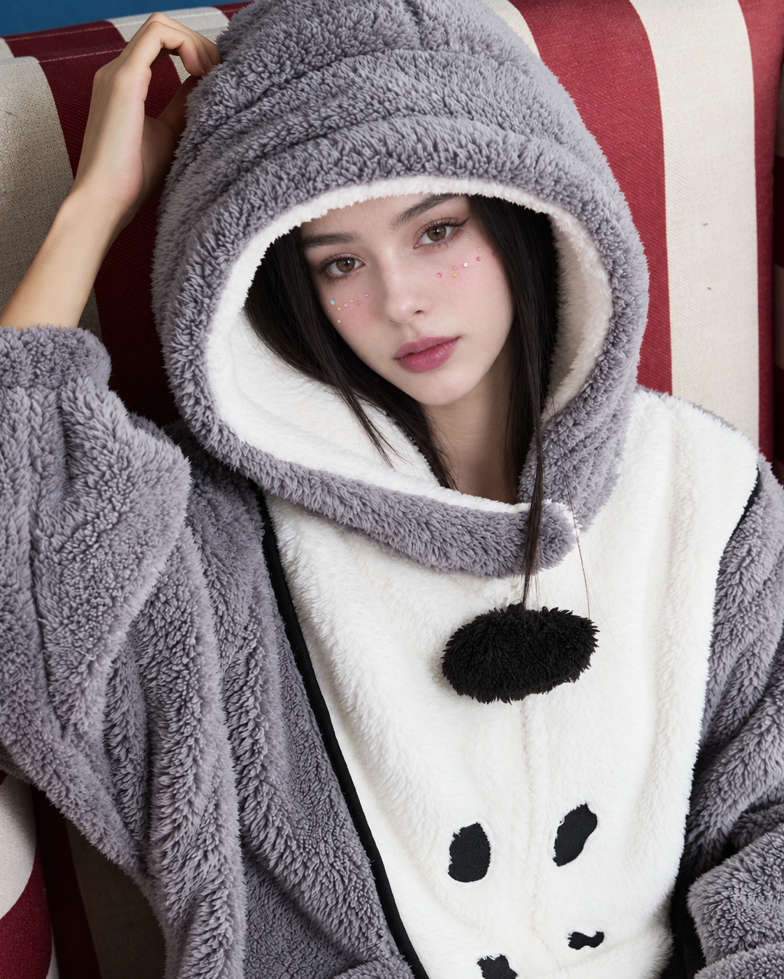 Dog-Face Hooded Fleece One-Piece Pajamas – gray hood-up seated close view - Roomden