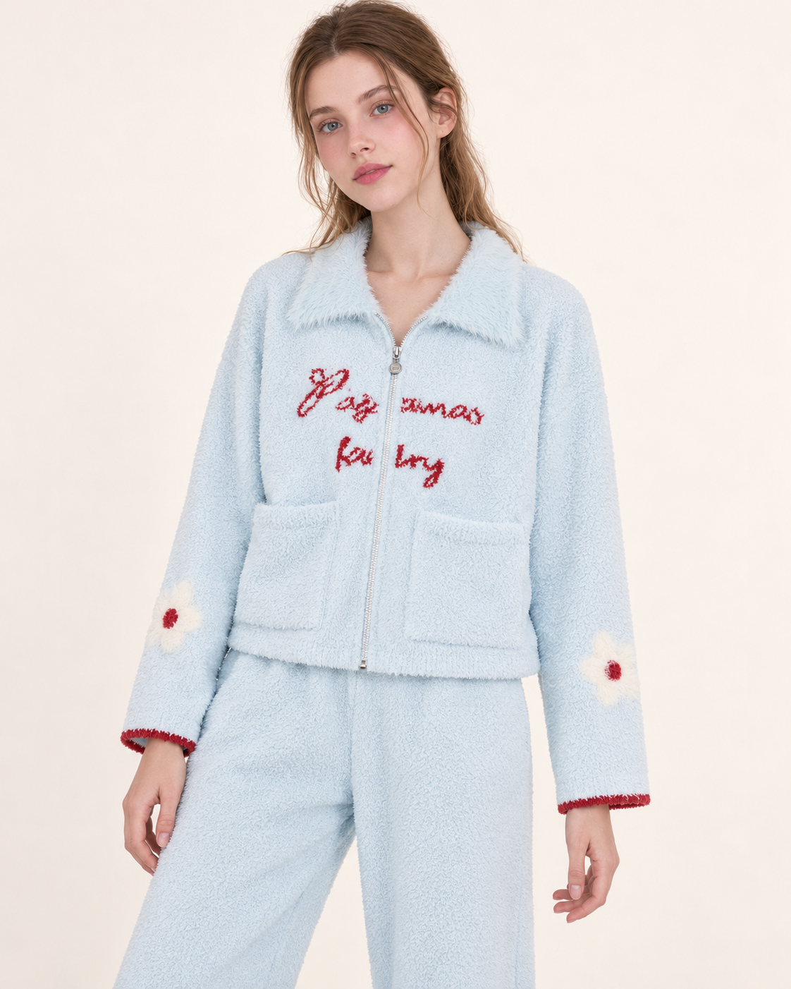 Contrast Lettering Plush Zip-Up Pajama Set – Ice blue zipped collared jacket, front close view - Roomden